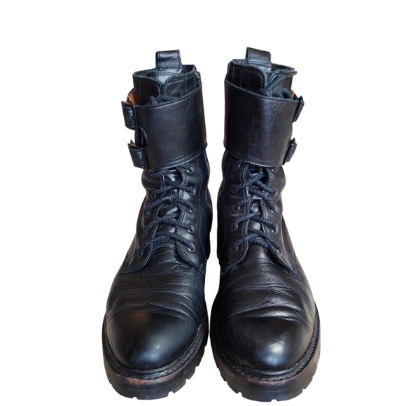 Frye Julie Biker Engineer Black Leather Lace-up Lug Sole Boots - Picture 2 of 15